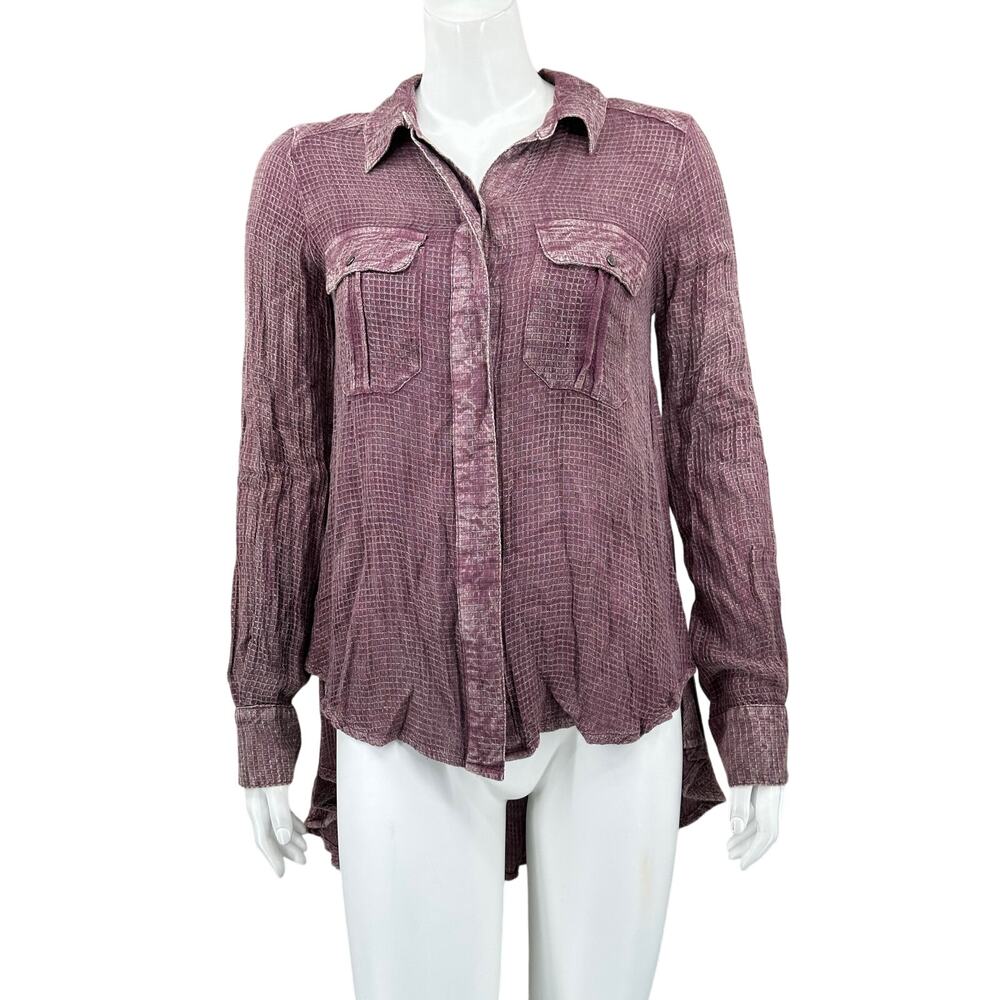 Free People Top Womens XS Maroon One of the Guys Waffle Knit Button Up Oversized